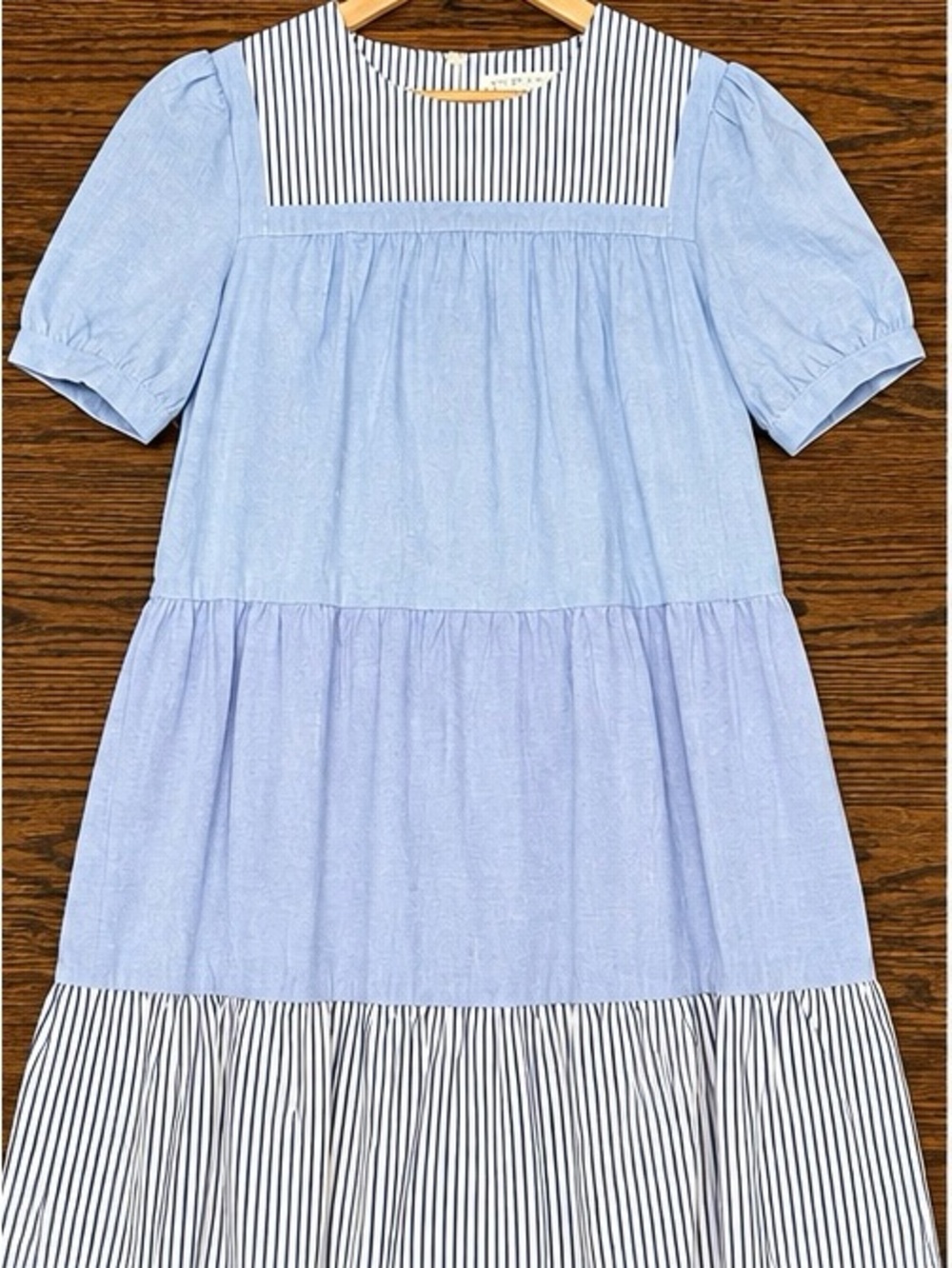 English Factory Light Blue & Navy Striped Tiered Dress